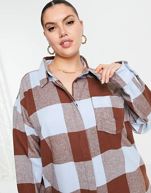  COLLUSION Plus brushed check mini shirt dress in brown and blue 