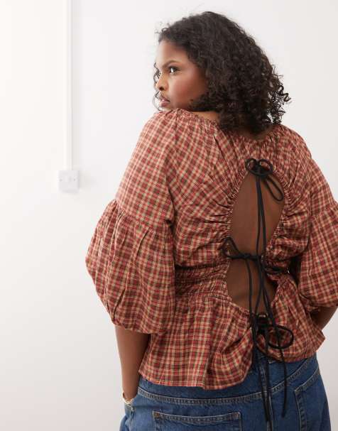 COLLUSION Plus bubble sleeve smock top in red check - view 1