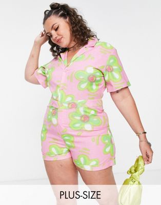 COLLUSION PLUS button down  floral short sleeve playsuit in pink - ASOS Price Checker
