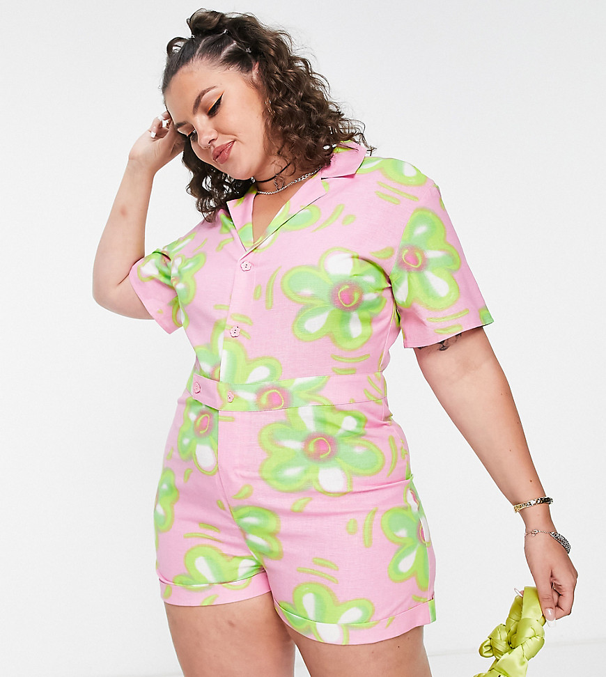 COLLUSION PLUS button down floral short sleeve playsuit in pink