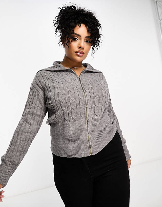 Collusion - plus cable knit oversized collar zip through jumper in grey marl