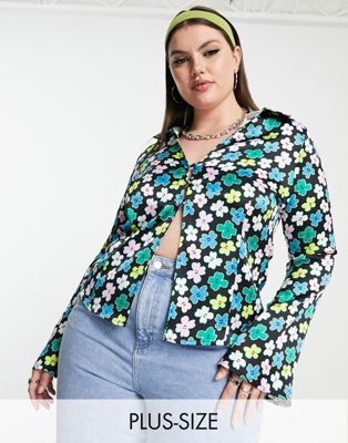 COLLUSION Plus satin fluted sleeve open shirt in floral print co-ord - ASOS Price Checker