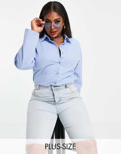 COLLUSION Plus - Camicia azzurra in cotone con maniche cocoon