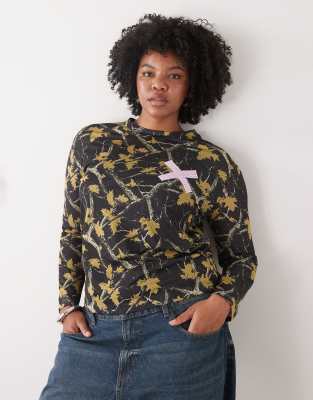 Collusion Plus Camo Print Airtex Long Sleeve Top-green In Green