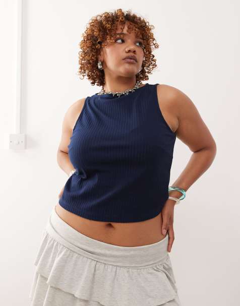 COLLUSION Plus - Canotta blu navy a coste con scollo a barchetta - view 1