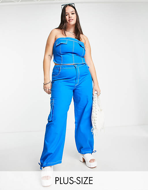 COLLUSION Plus cargo pants with top stitching in blue - part of a set