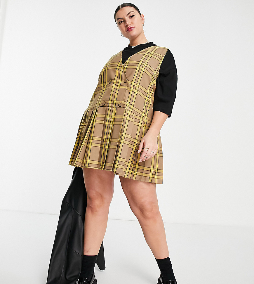 Plus-size dress by COLLUSION Exclusive to ASOS Check design Pinafore style Button placket Pleated skirt Regular fit