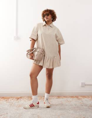 COLLUSION Plus check pleated skirt shirt dress in neutral check - view 1