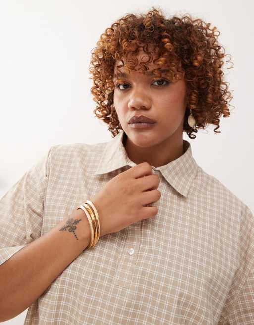 COLLUSION Plus check pleated skirt shirt dress in neutral check, 3 of 4