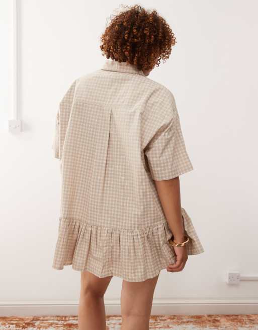 COLLUSION Plus check pleated skirt shirt dress in neutral check