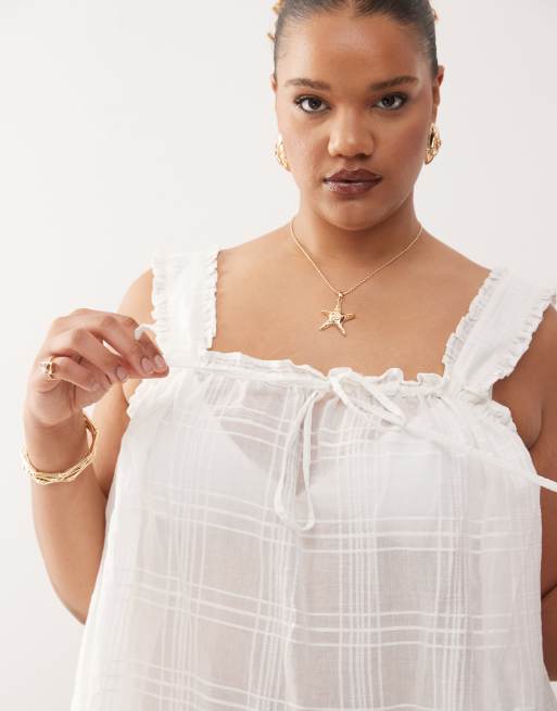 COLLUSION Plus check swing beach dress in white, 4 of 4