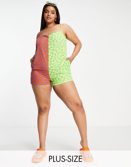 COLLUSION Plus checkerboard palm print beach playsuit in multi 