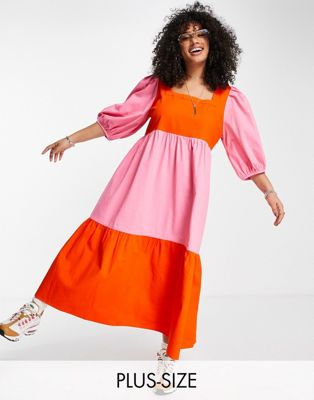 COLLUSION Plus colour block maxi smock dress in pink and red