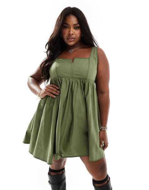 COLLUSION Plus cotton mini smock dress with notch neck in khaki - view 1