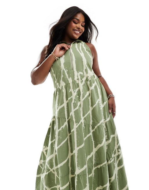 COLLUSION Plus cotton zip maxi smock animal-print dress in green abstract wash
