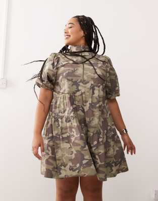 Collusion Plus cotton zip mini smock dress in camo print