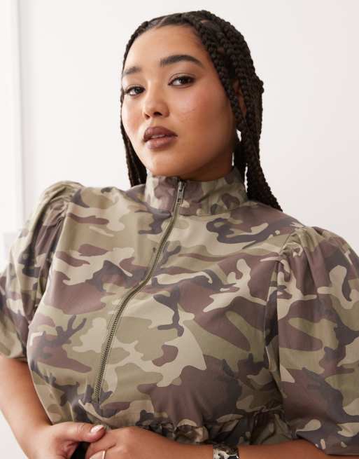 COLLUSION Plus cotton zip mini smock dress in camo print