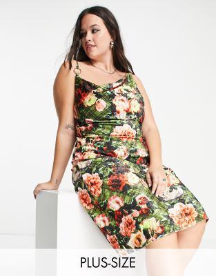 Plus cowl neck velvet floral printed midi dress in multi