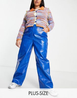 COLLUSION Plus croc effect faux leather straight leg trouser in blue