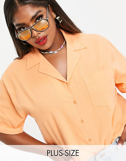 Co-ords COLLUSION Plus crop short sleeve revere shirt co-ord in orange 
