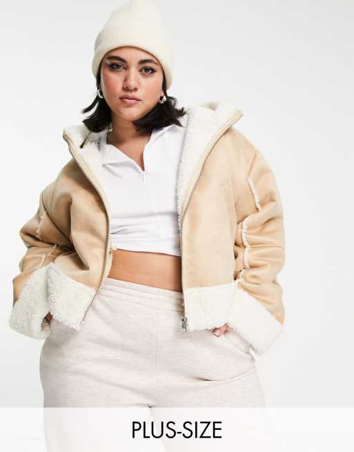 COLLUSION Plus - Cropped jack met imitatieschapenvacht in beige