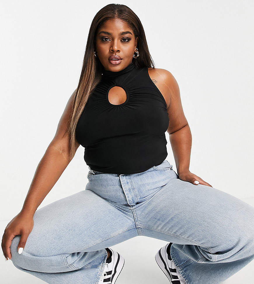 Plus-size top by COLLUSION Exclusive to ASOS Roll neck Sleeveless style Keyhole-front detail Racer back Cropped length Slim fit