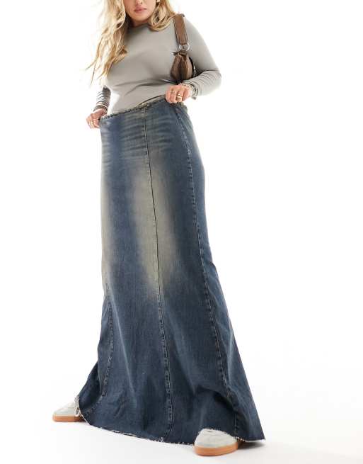 High Waist Slit Washed Denim Maxi Fishtail Skirt