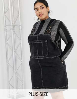 plus size black denim pinafore dress