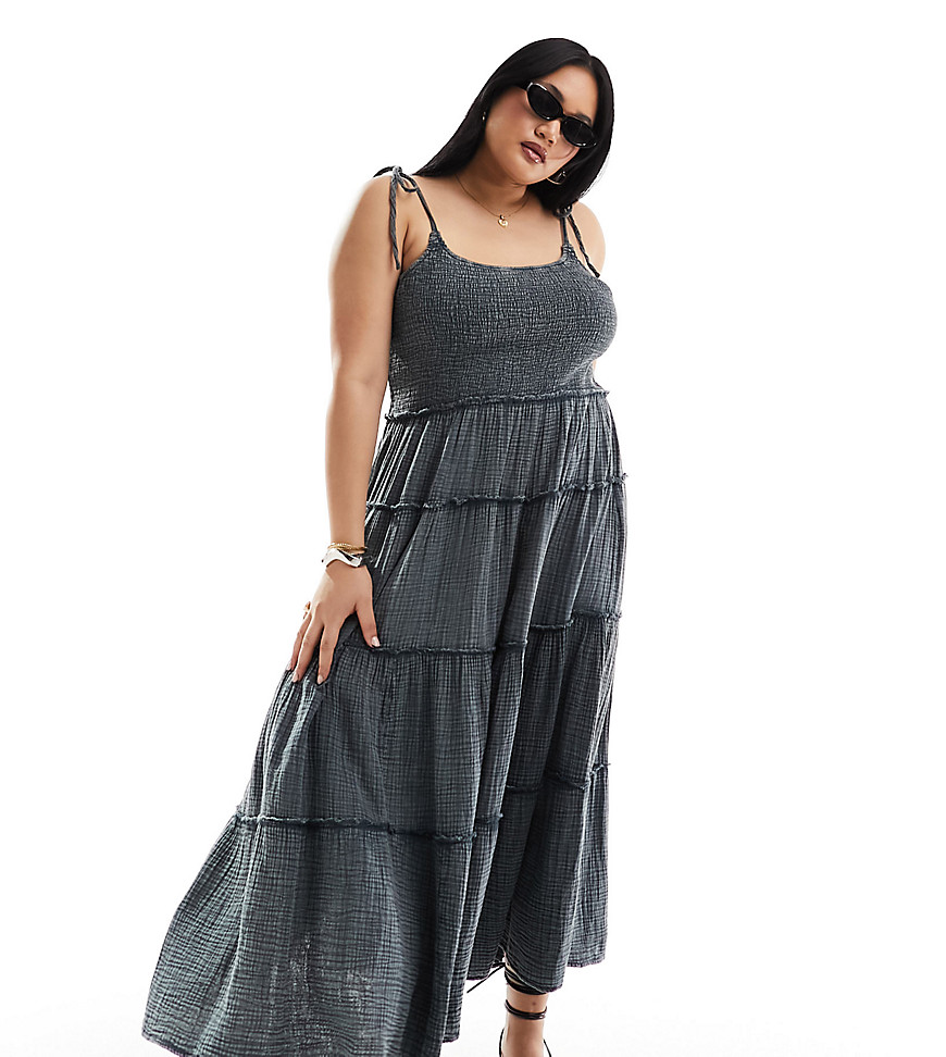 COLLUSION Plus double cloth shirred tiered cami maxi sun dress in washed blue