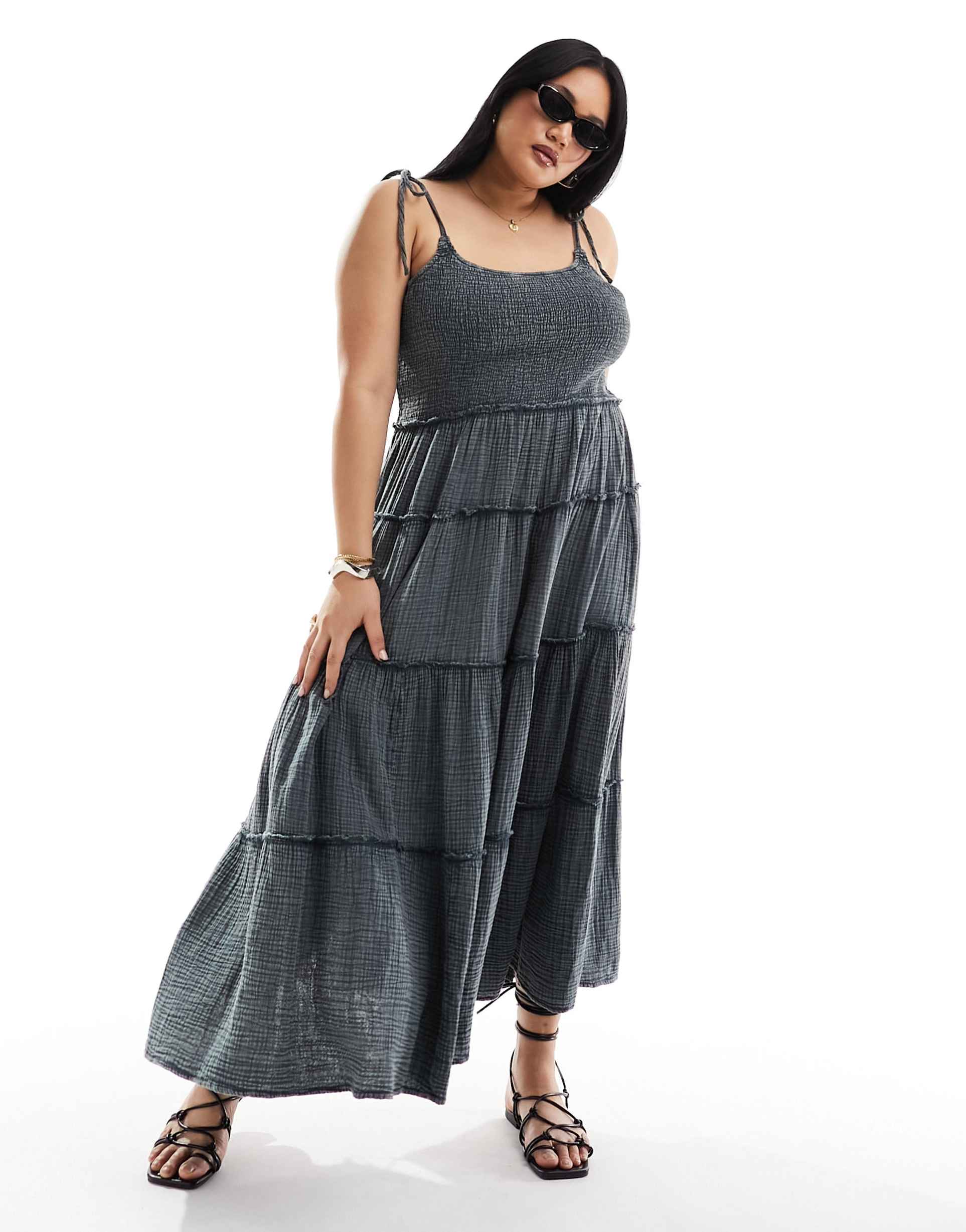 collusion plus double cloth shirred tiered cami maxi sun dress in washed blue