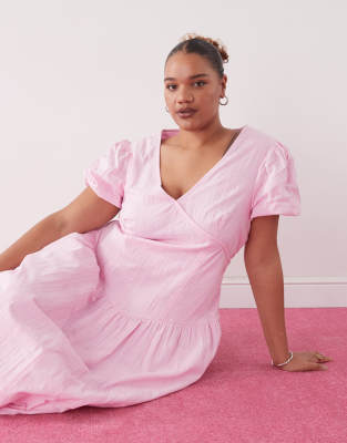 Collusion Plus Dropped Waist Puff Sleeve Maxi Dress In Pink