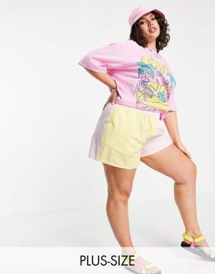 Collusion Plus Exclusive Color Block Shorts In Pink And Yellow - Part Of A Set-multi