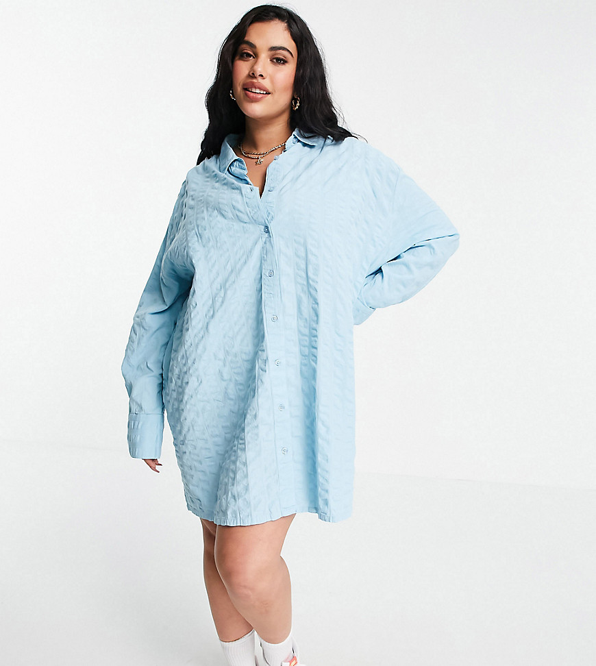 COLLUSION Plus exclusive color organic cotton seersucker mini shirt dress in blue-Blues
