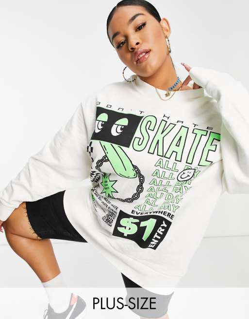 COLLUSION Plus Exclusive color skate print oversized sweatshirt in ecru