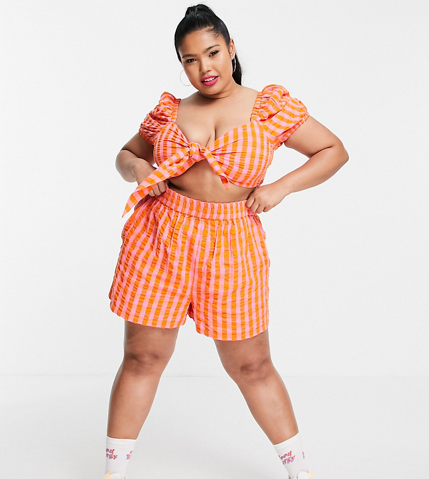 COLLUSION Plus Exclusive color tie front gingham coordinating crop top in pink and orange