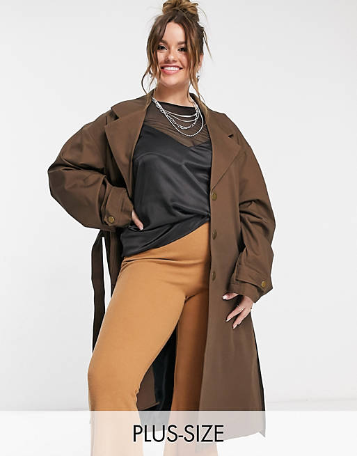 COLLUSION Plus exclusive colour oversized belted trench in chocolate brown