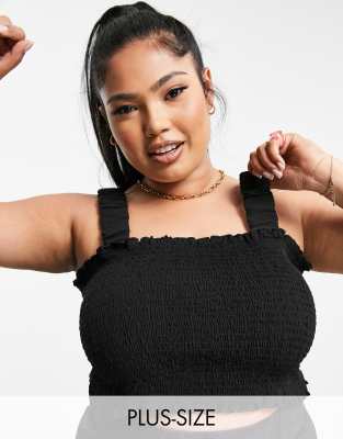 Plus-size top by COLLUSION Shirred stretch design Square neck Ruched straps Frill trims Slim fit Close-fitting cut Exclusive to ASOS