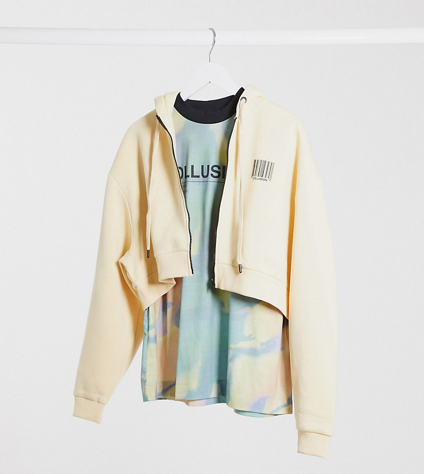 COLLUSION plus exclusive cropped zip through hoodie in camel-White