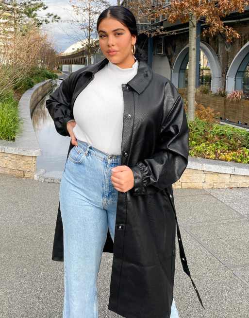 Plus Size Vegan Leather Belted Trench Coat Outerwear