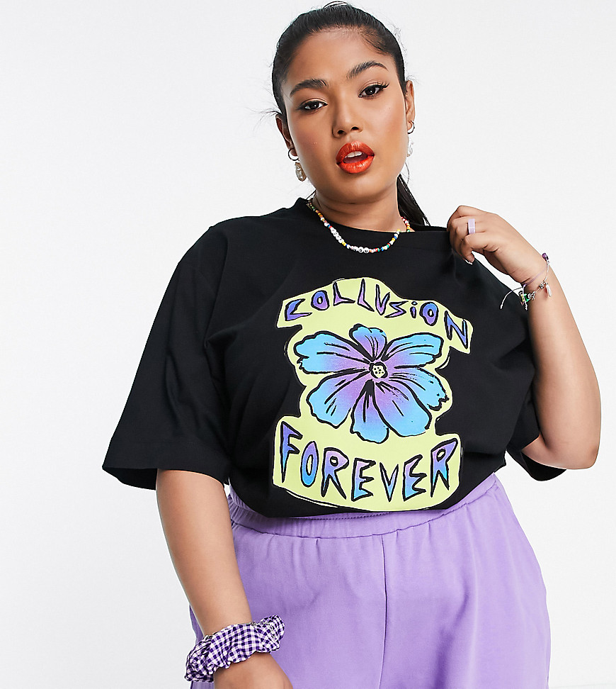 Plus-size T-shirt by COLLUSION Exclusive to ASOS Part of our responsible edit Crew neck Flower chest print Oversized fit