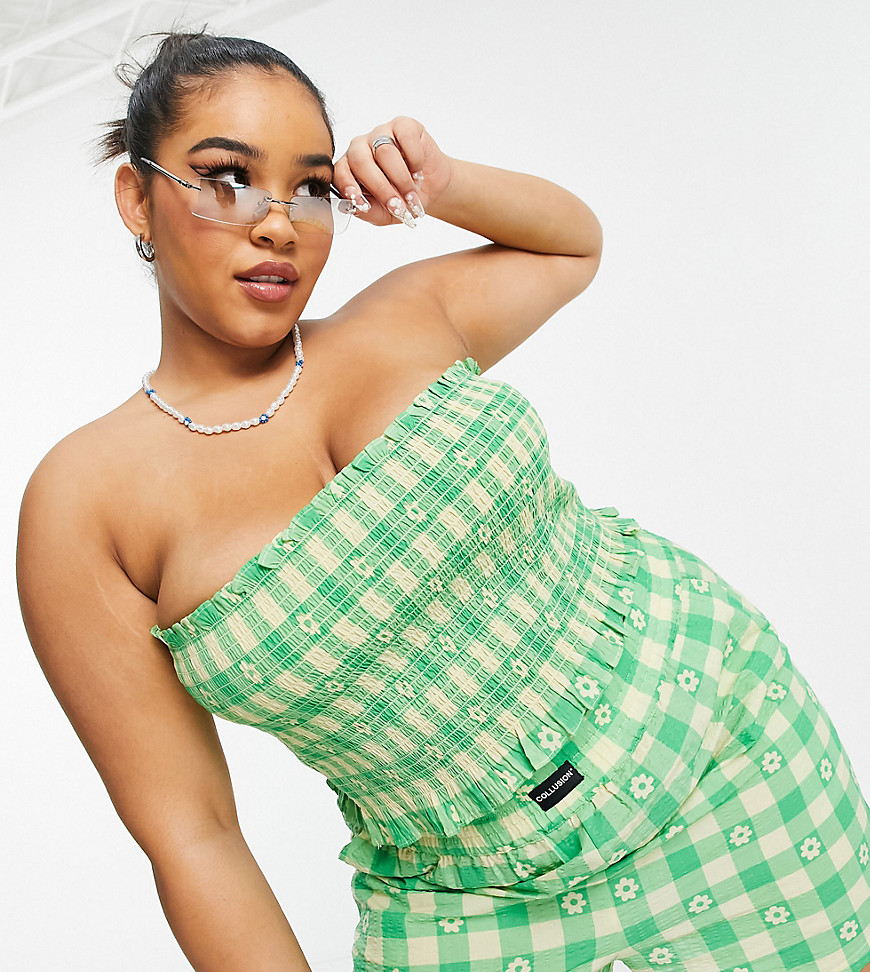 Plus-size top by COLLUSION Shorts sold separately Floral gingham print Bandeau neck Strapless style Shirred stretch bodice Slim fit Close-fitting cut Exclusive to ASOS