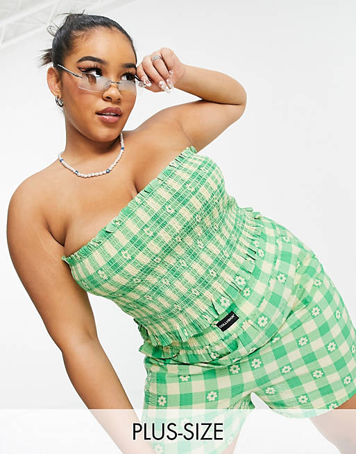 Co-ords COLLUSION Plus exclusive gingham print seersucker bandeau crop top co-ord in green 