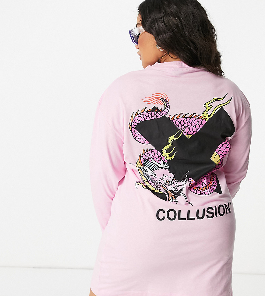 COLLUSION Plus exclusive graphic print oversized long sleeve t-shirt dress in pink