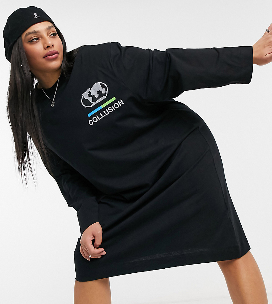 COLLUSION Plus Exclusive long sleeve T-shirt dress with 'Monarch' back print in black