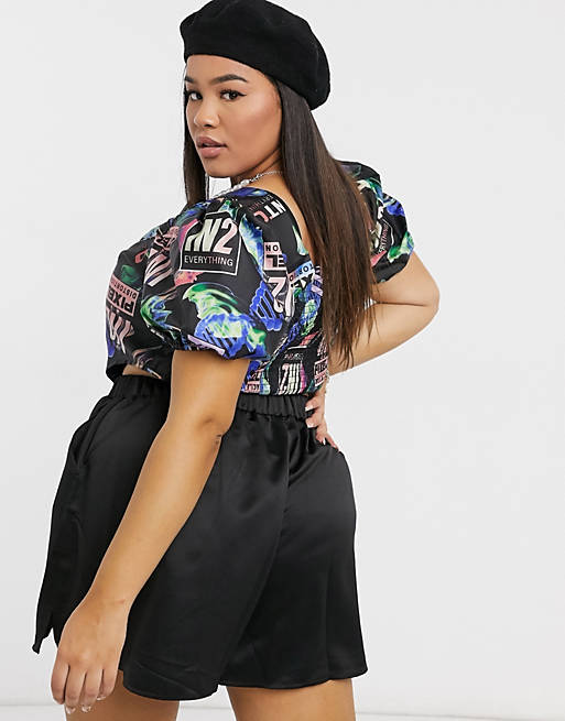 Exclusives COLLUSION Plus Exclusive printed puff sleeve corset crop top 