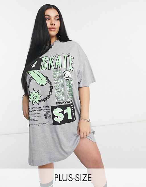 COLLUSION Plus exclusive skate graphic t-shirt dress in grey marl