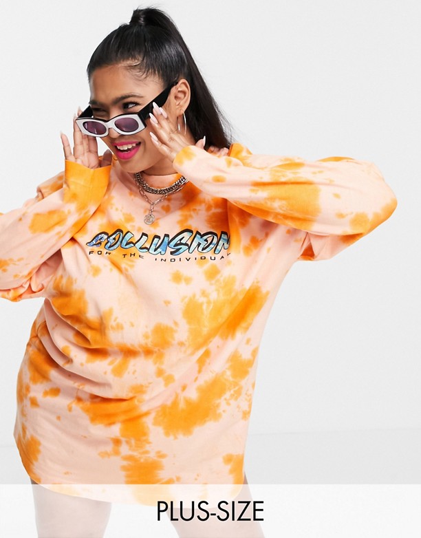 COLLUSION Plus Exclusive – Sukienka t-shirtowa z piki, z długim rękawem i efektem tie dye Pomarańczowy Wytrzymałe 