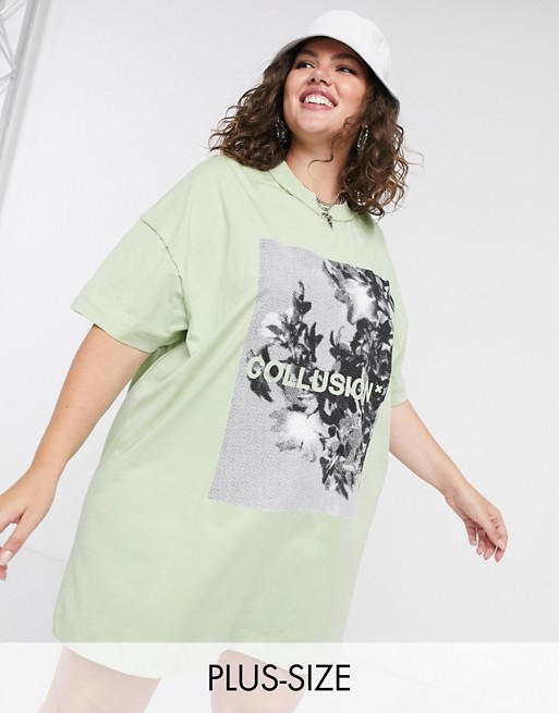 COLLUSION Plus exclusive t-shirt dress with monchrome print in green