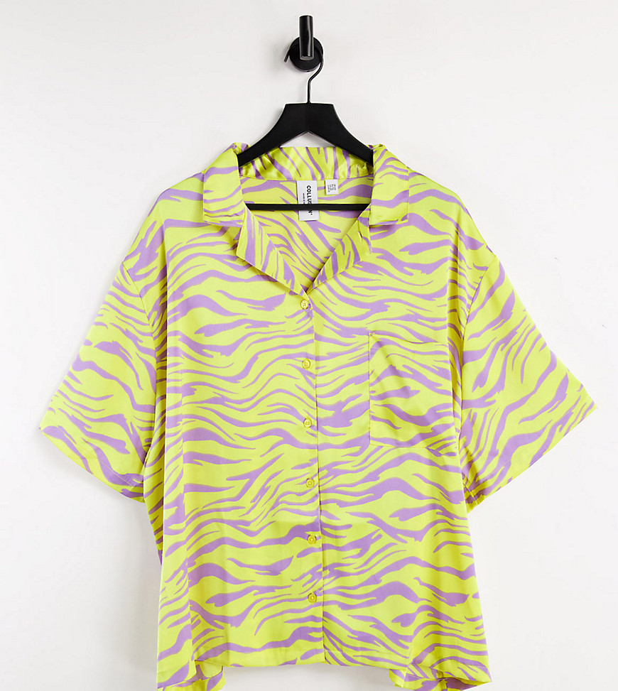 COLLUSION Plus Exclusive zebra print coordinating satin shirt in yellow and purple-Multi