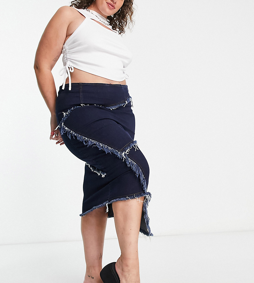 COLLUSION Plus exposed seam maxi asymmetric denim midi skirt in blue